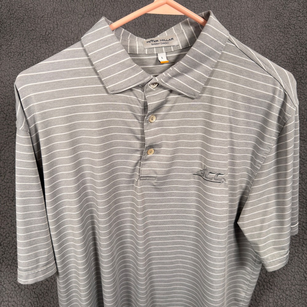 Peter Millar Summer Comfort Polo Shirt Mens Large Gray Striped ACC Golf Stretch